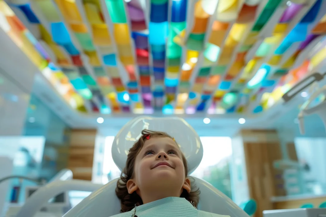 A child reclines in a dental chair, looking up at a colorful, abstract ceiling design in a modern dental clinic.