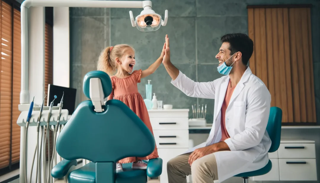 A dentist and a young girl share a high-five in a modern dental office, surrounded by equipment and soothing decor.